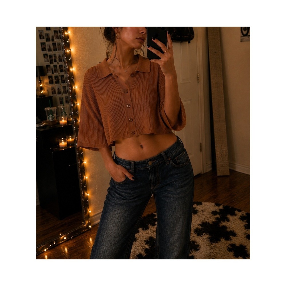 Sessun Women L Gillo Cardigan Brown Ribbed Button Up Collared Polo Sweater